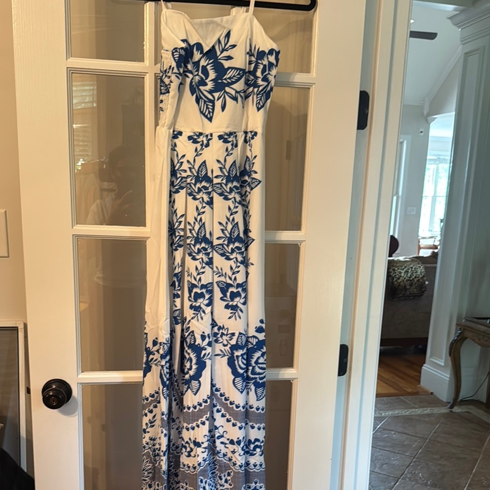 White and Blue Floral Strapless Dress
